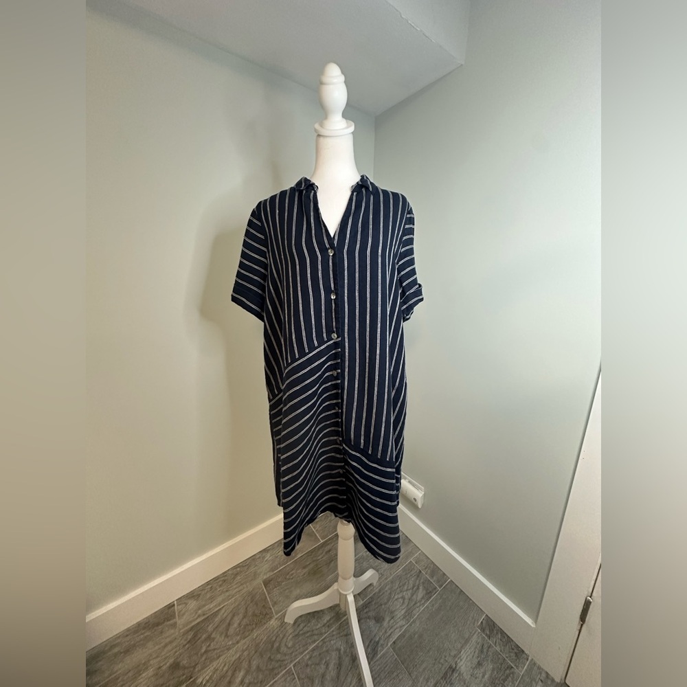 J. Jill Love Linen Navy and White Button Up Linen Relaxed lLinen Dress Sz Large - Picture 5 of 17